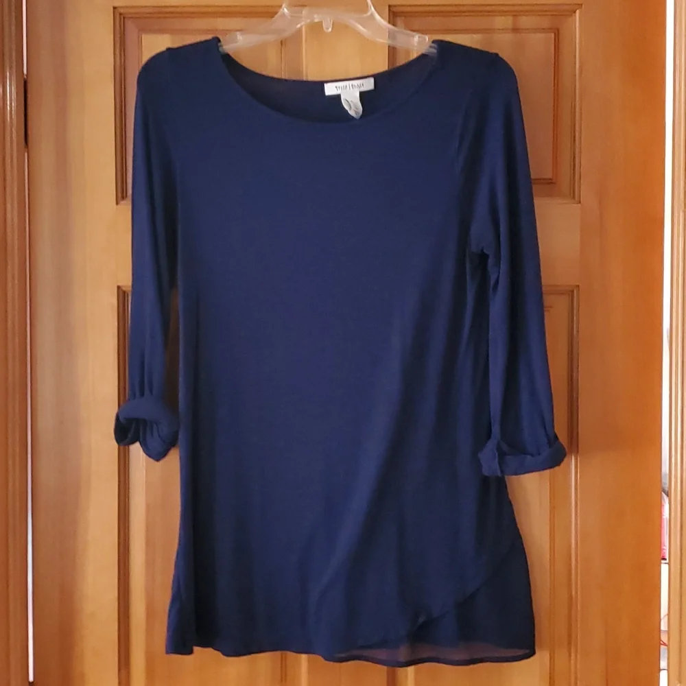 WHBM Navy Boatneck Tab Sleeve Shirt with Sheer Panel size medium‎ - Picture 2 of 11